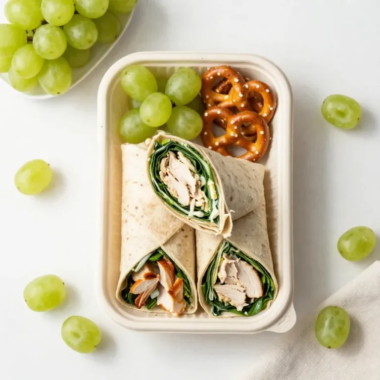 Chicken pinwheel bento box with sliced rolled chicken wraps, rice, vegetables, and fruit in a divided lunch container.
