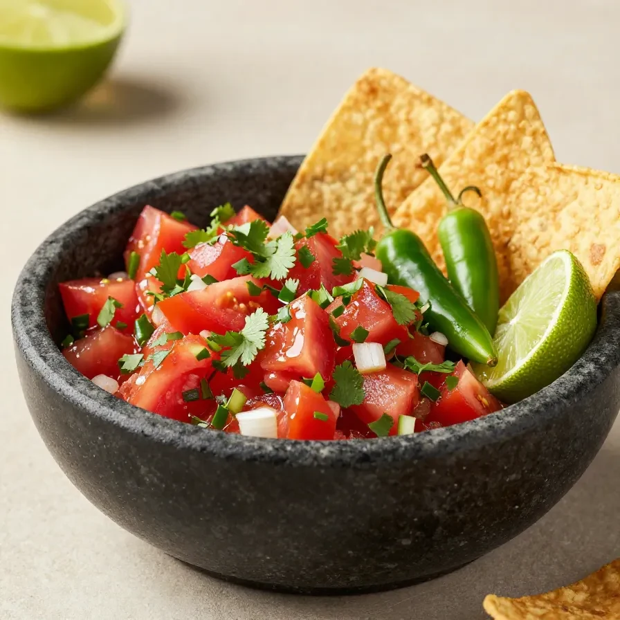 Bowl of fresh salsa with diced tomatoes, onions, cilantro, lime, and jalapeño served with tortilla chips