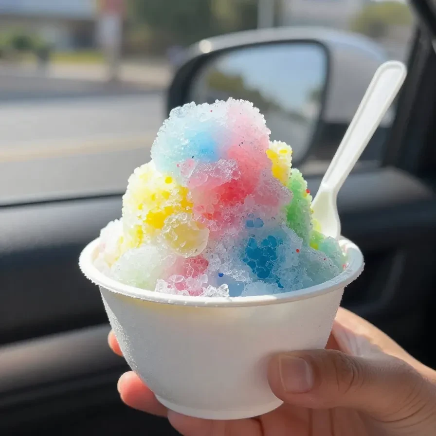 A tropical ice cream dessert topped with fresh mango, pineapple, coconut flakes, and mint in a glass bowl.