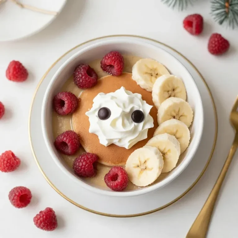 Stack of Santa Claus pancakes decorated with strawberries, whipped cream, and banana slices for a festive Christmas breakfast