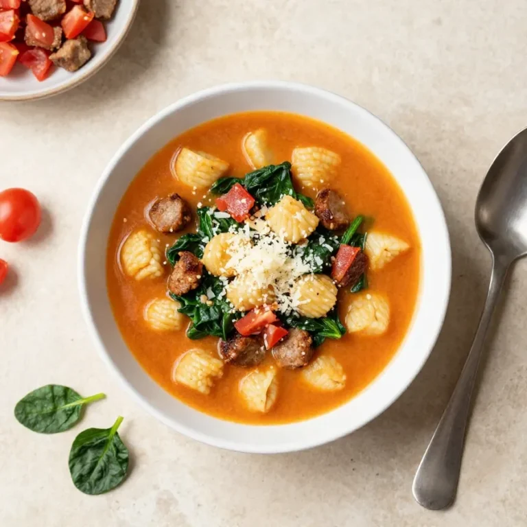 A bowl of sausage and gnocchi soup with tender gnocchi, sliced sausage, vegetables, and herbs in a creamy broth.