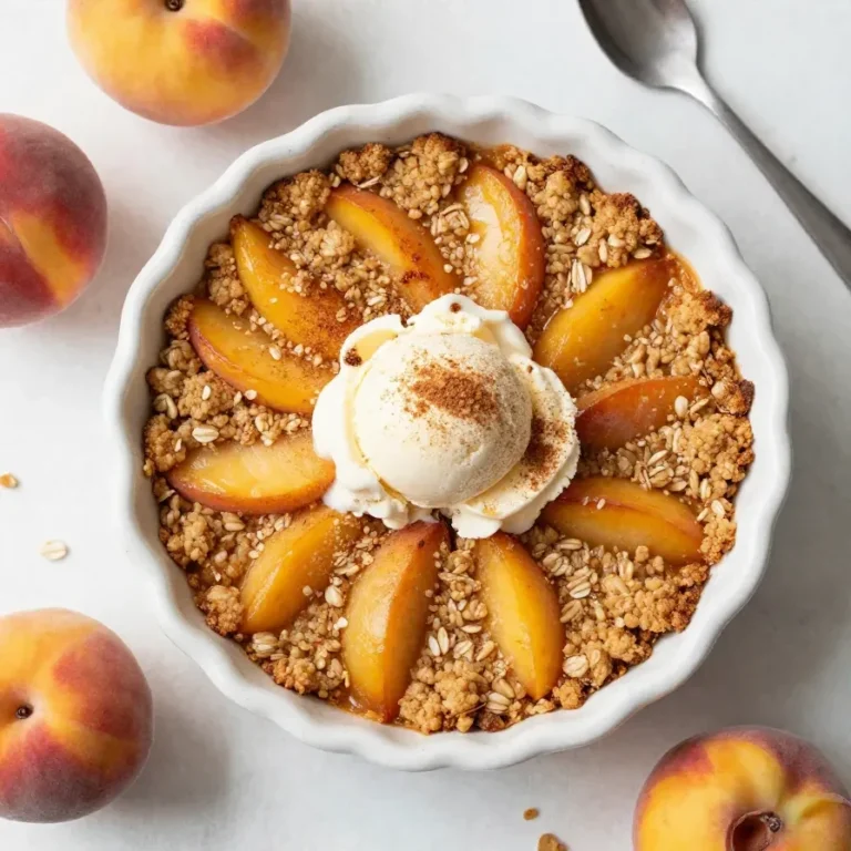 A baked healthy peach crisp with golden oat topping served in a white dish
