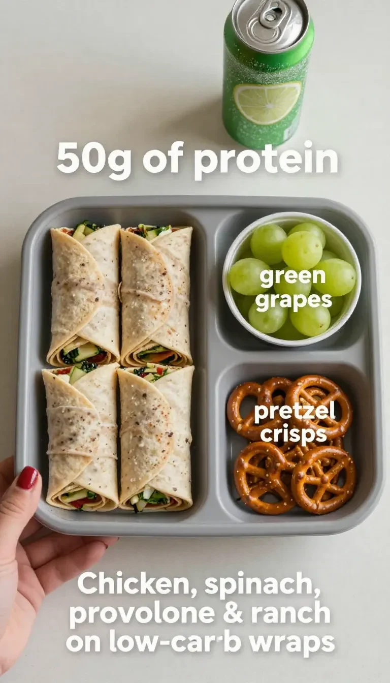 Chicken pinwheel bento box with sliced rolled chicken wraps, rice, vegetables, and fruit in a divided lunch container.