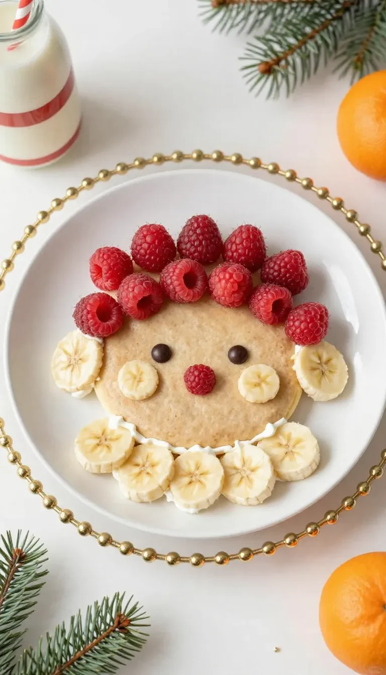 Stack of Santa Claus pancakes decorated with strawberries, whipped cream, and banana slices for a festive Christmas breakfast