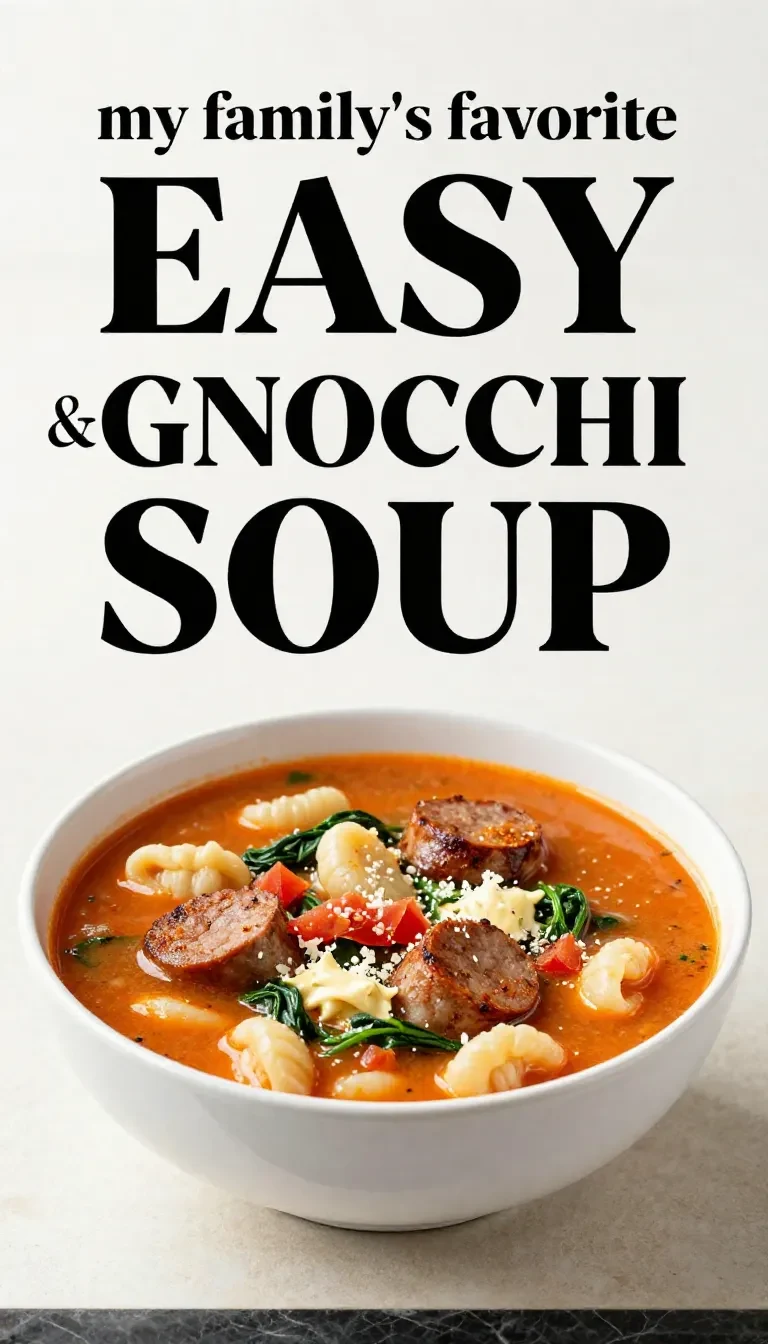 A bowl of sausage and gnocchi soup with tender gnocchi, sliced sausage, vegetables, and herbs in a creamy broth.