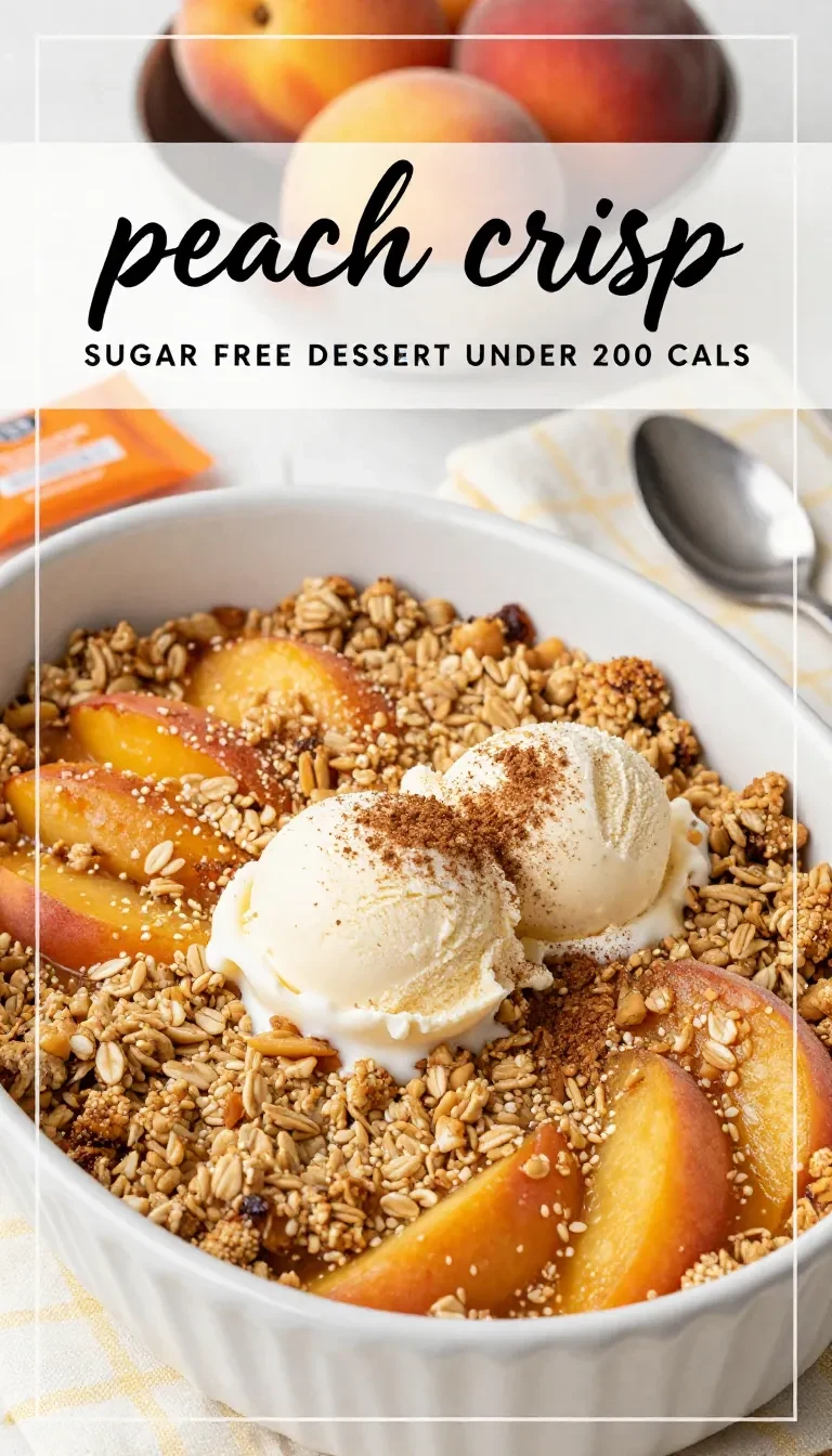 A baked healthy peach crisp with golden oat topping served in a white dish