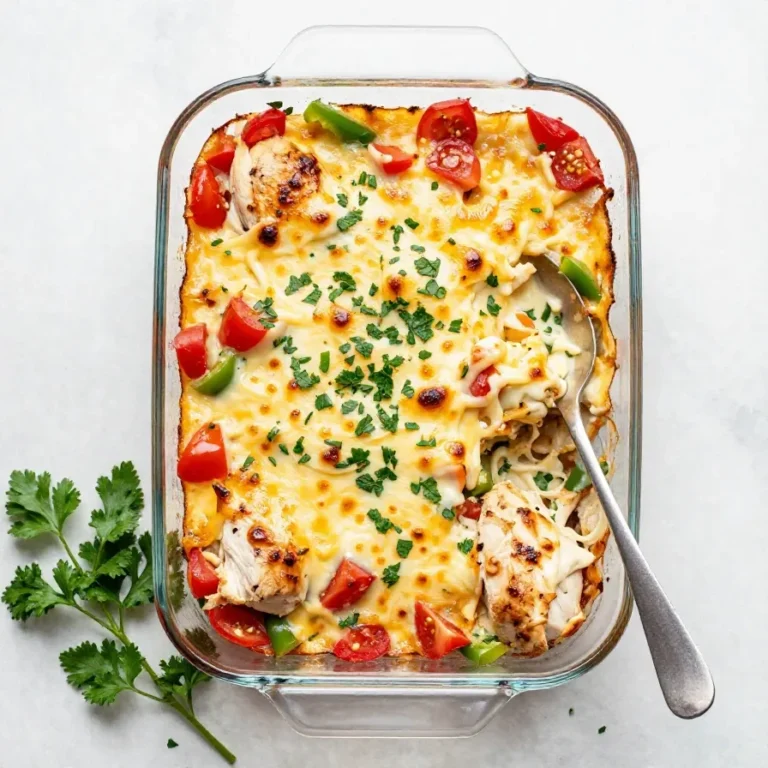 A baked salsa fresca chicken casserole topped with melted cheese, diced tomatoes, and fresh herbs in a white baking dish.