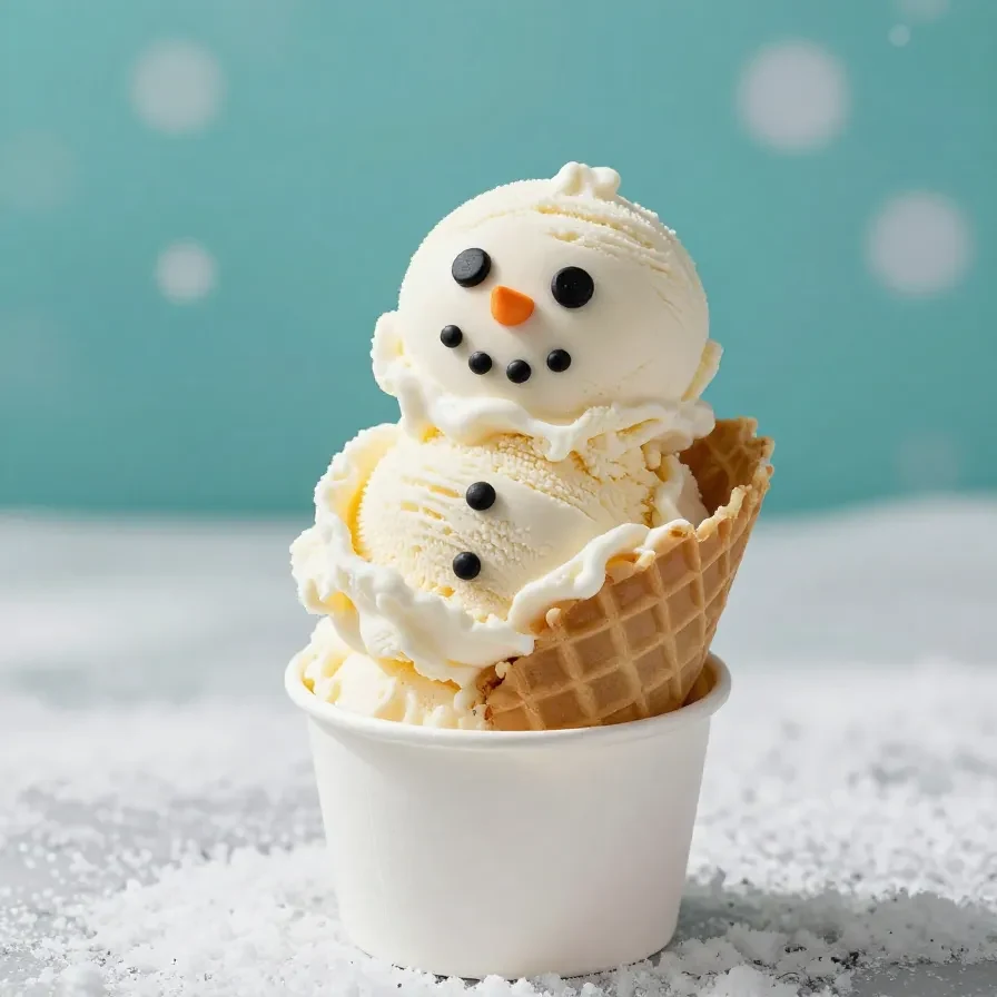 A bowl of winter-themed ice cream topped with powdered sugar, candy canes, and festive sprinkles on a snowy background.