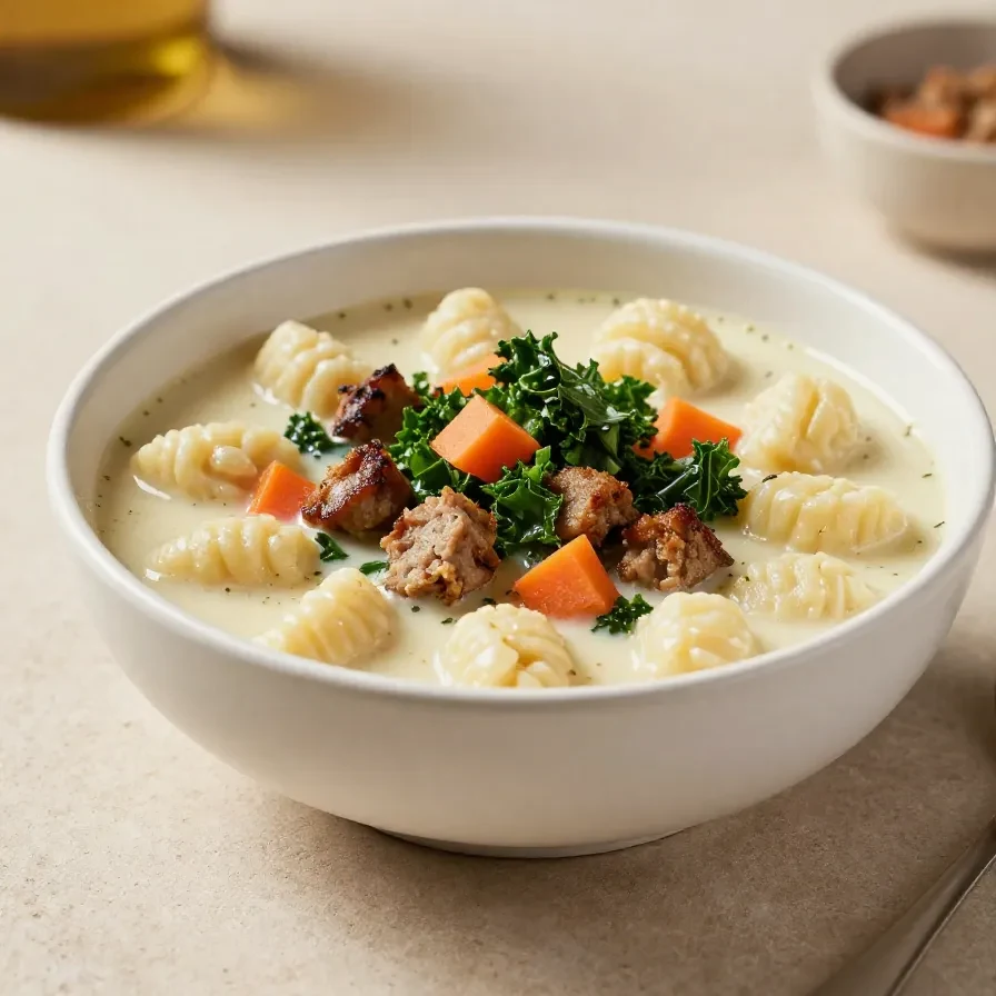 A creamy sausage gnocchi soup served in a bowl, topped with herbs and shredded cheese, with a cozy fall dinner setting.