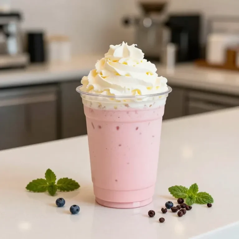 A cold caffeine free Starbucks-inspired drink served over ice with creamy milk and caramel drizzle in a clear glass.