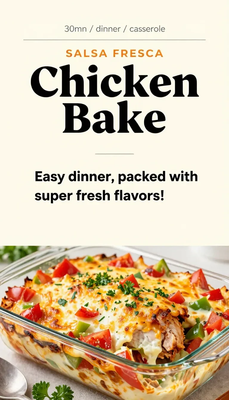 A baked salsa fresca chicken casserole topped with melted cheese, diced tomatoes, and fresh herbs in a white baking dish.