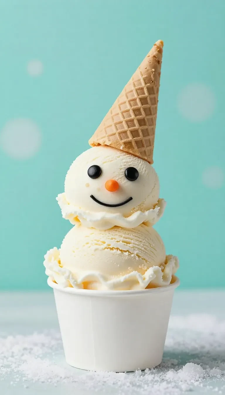 A bowl of winter-themed ice cream topped with powdered sugar, candy canes, and festive sprinkles on a snowy background.