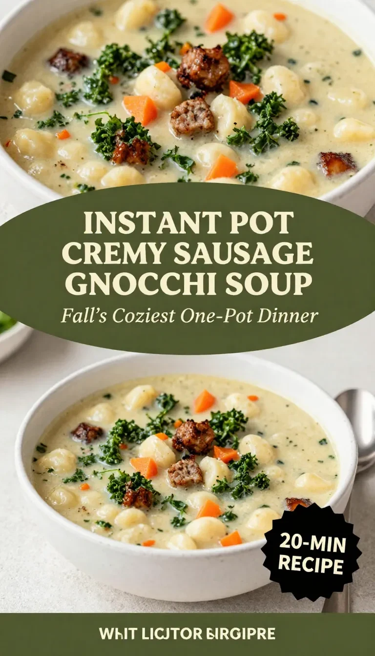 A creamy sausage gnocchi soup served in a bowl, topped with herbs and shredded cheese, with a cozy fall dinner setting.