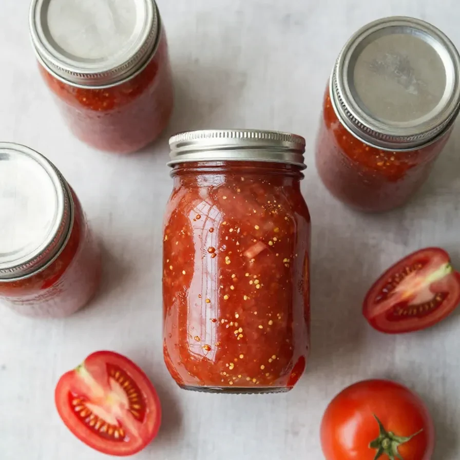 Fresh homemade salsa in glass canning jars with tomatoes, onions, peppers, and cilantro arranged on a kitchen counter.