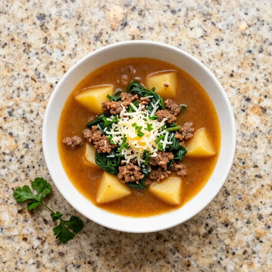 A bowl of creamy Italian sausage gnocchi soup with spinach, carrots, and herbs served with crusty bread