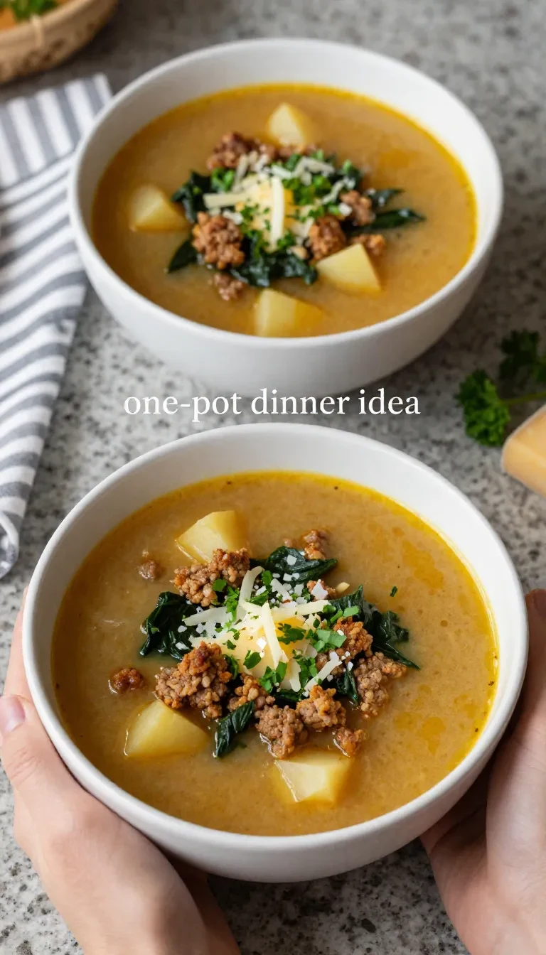 A bowl of creamy Italian sausage gnocchi soup with spinach, carrots, and herbs served with crusty bread