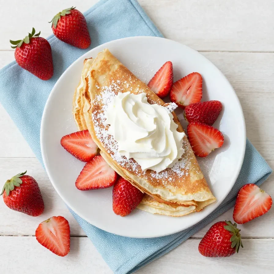 Thin strawberry protein crepes folded on a white plate with fresh strawberries and a light dusting of powdered sugar
