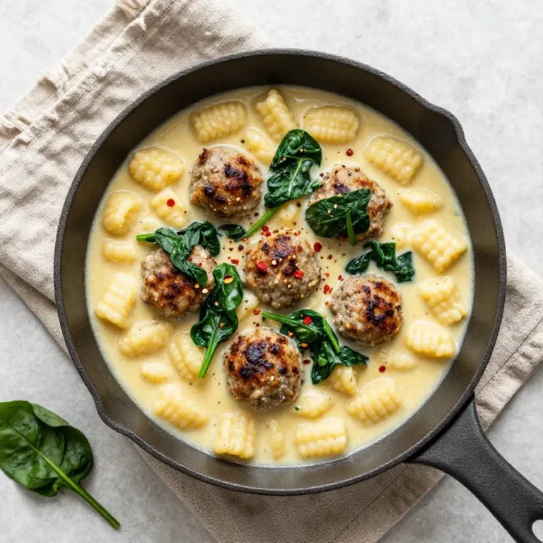 A bowl of creamy Gnocchi Zuppa Toscana soup with gnocchi, sausage, kale, and potatoes garnished with herbs.