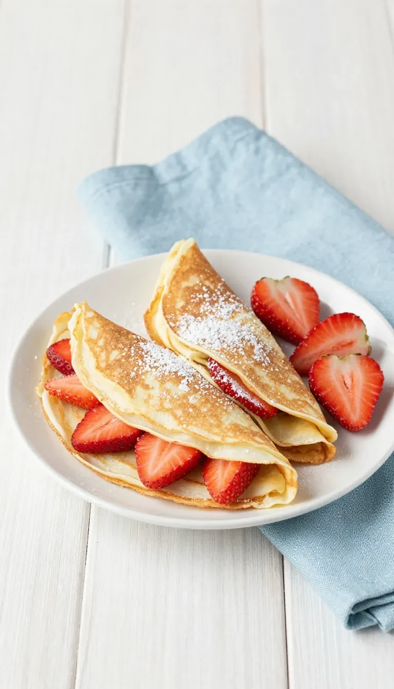 Thin strawberry protein crepes folded on a white plate with fresh strawberries and a light dusting of powdered sugar