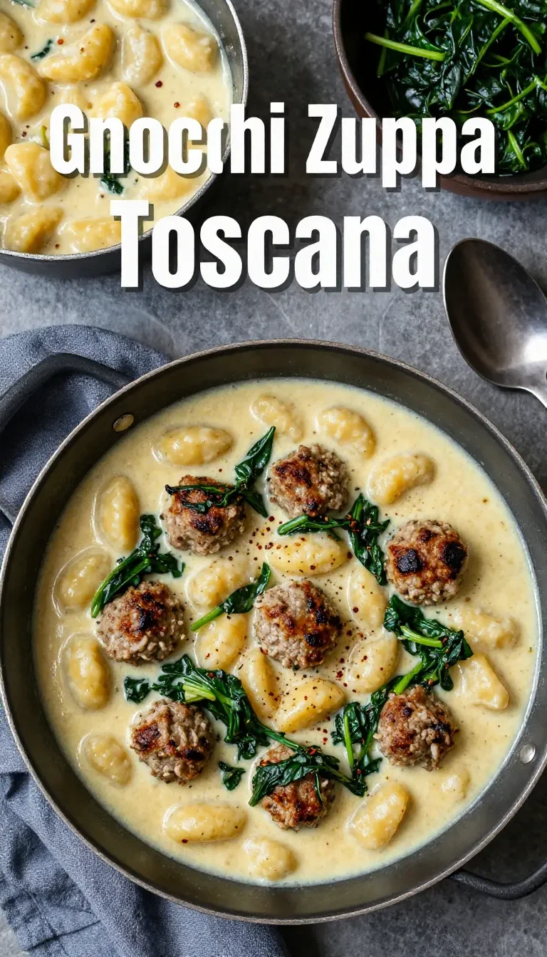 A bowl of creamy Gnocchi Zuppa Toscana soup with gnocchi, sausage, kale, and potatoes garnished with herbs.
