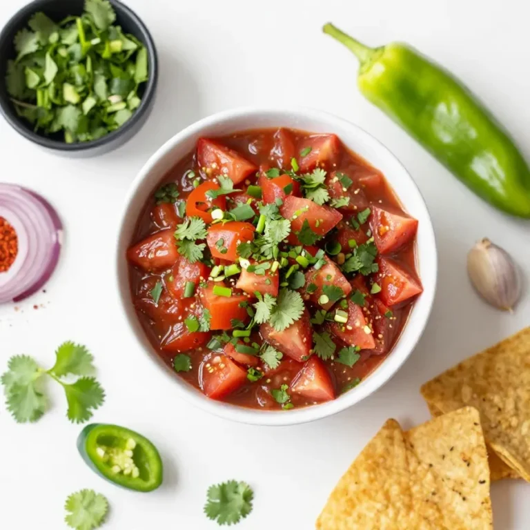 A bowl of homemade restaurant-style salsa with diced tomatoes, onions, cilantro, and jalapeños served with tortilla chips.