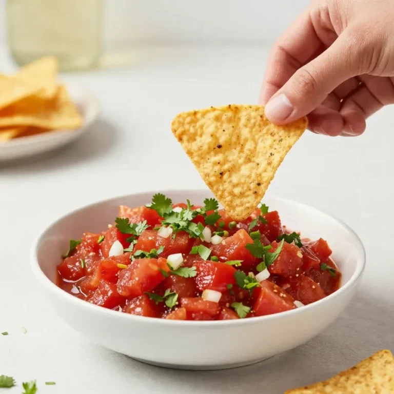 Restaurant-style salsa recipe in a bowl with tomatoes, onions, cilantro, jalapeños, and lime wedges.