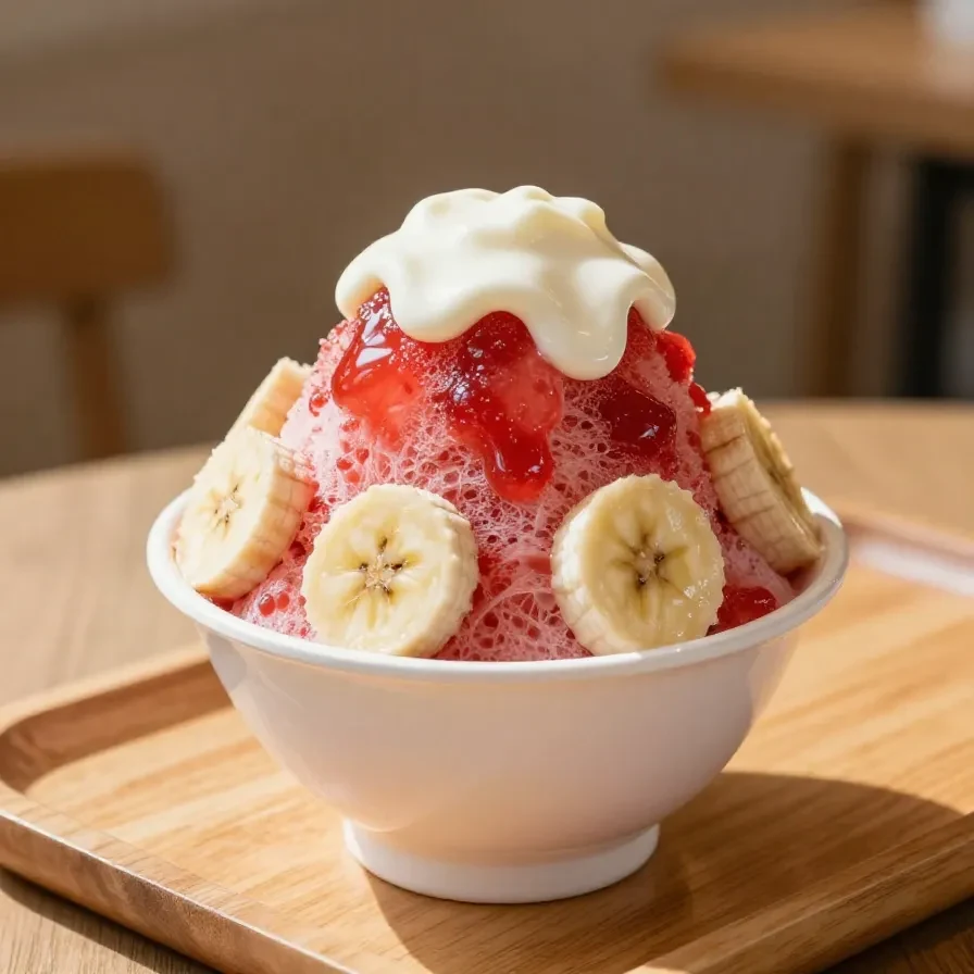 A colorful Hawaiian style shave ice topped with coconut and fresh fruit in a clear cup
