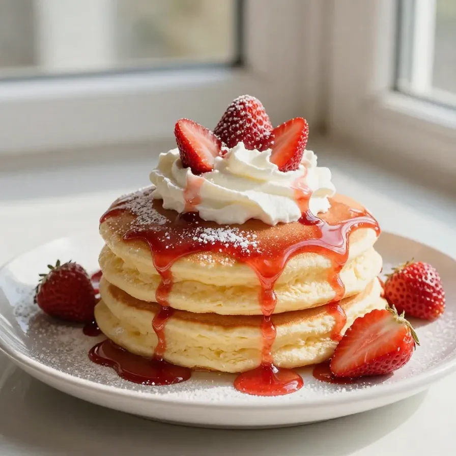 Stack of fluffy pancakes topped with fresh sliced strawberries and a light drizzle of syrup