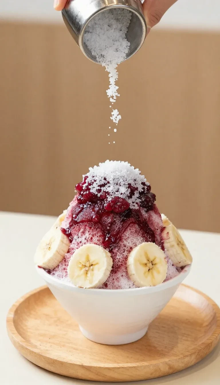 A colorful Hawaiian style shave ice topped with coconut and fresh fruit in a clear cup