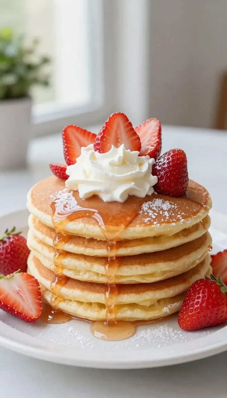 Stack of fluffy pancakes topped with fresh sliced strawberries and a light drizzle of syrup
