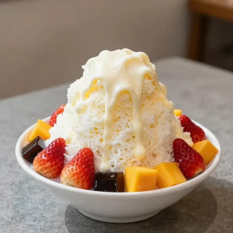 A bowl of Asian shaved ice bao bing topped with fresh mango, strawberries, red beans, and sweet syrup