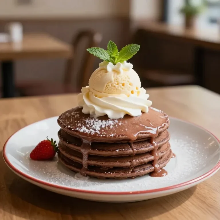 A stack of pancakes topped with whipped cream and fresh strawberries on a plate