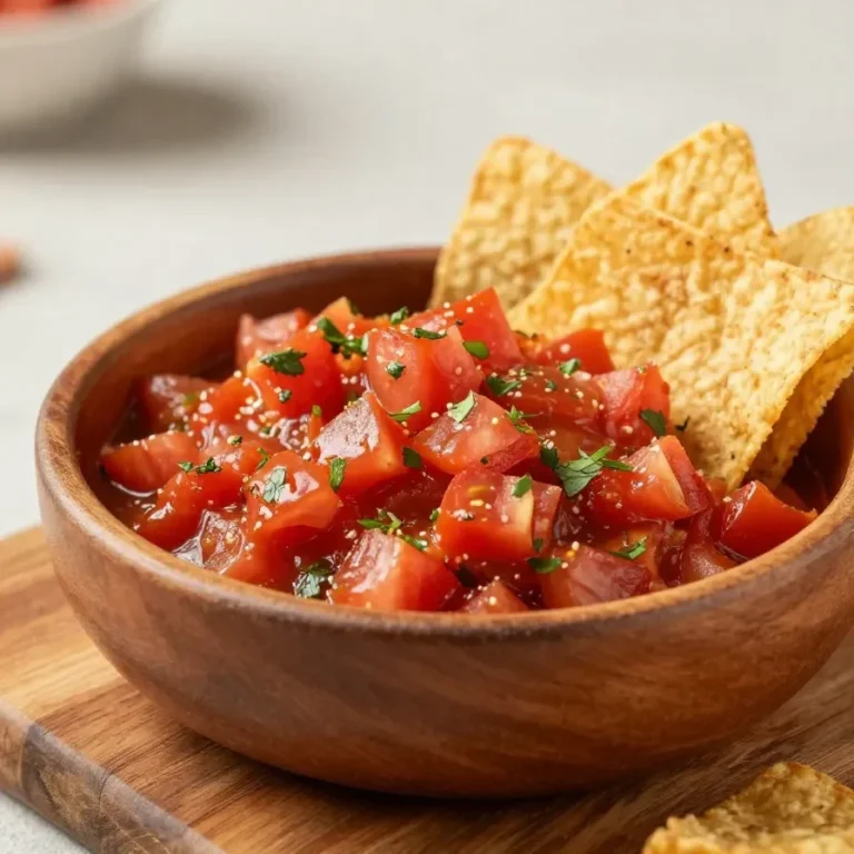 A bowl of fresh roasted salsa with tomatoes, peppers, onions, and cilantro on a rustic table