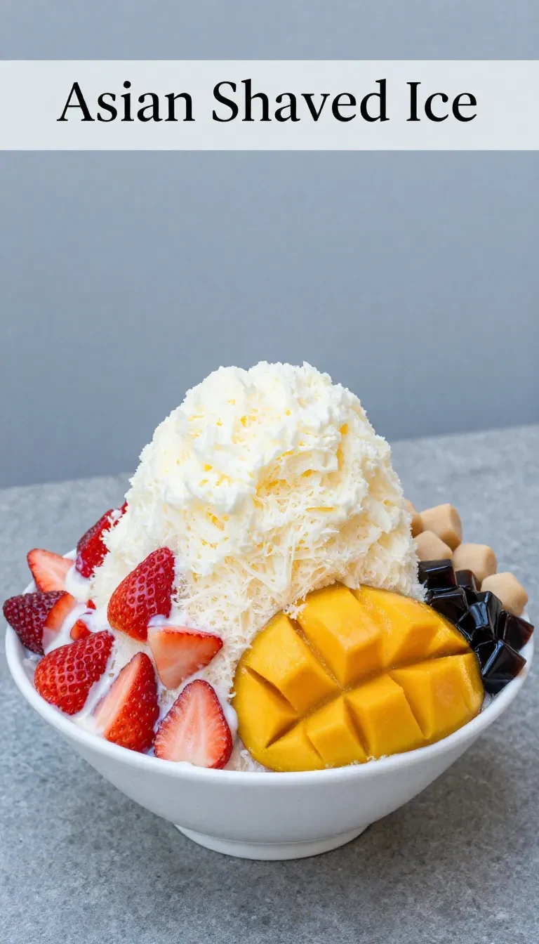 A bowl of Asian shaved ice bao bing topped with fresh mango, strawberries, red beans, and sweet syrup