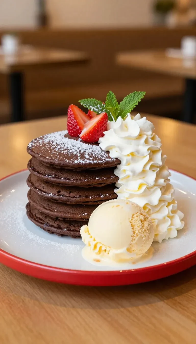 A stack of pancakes topped with whipped cream and fresh strawberries on a plate