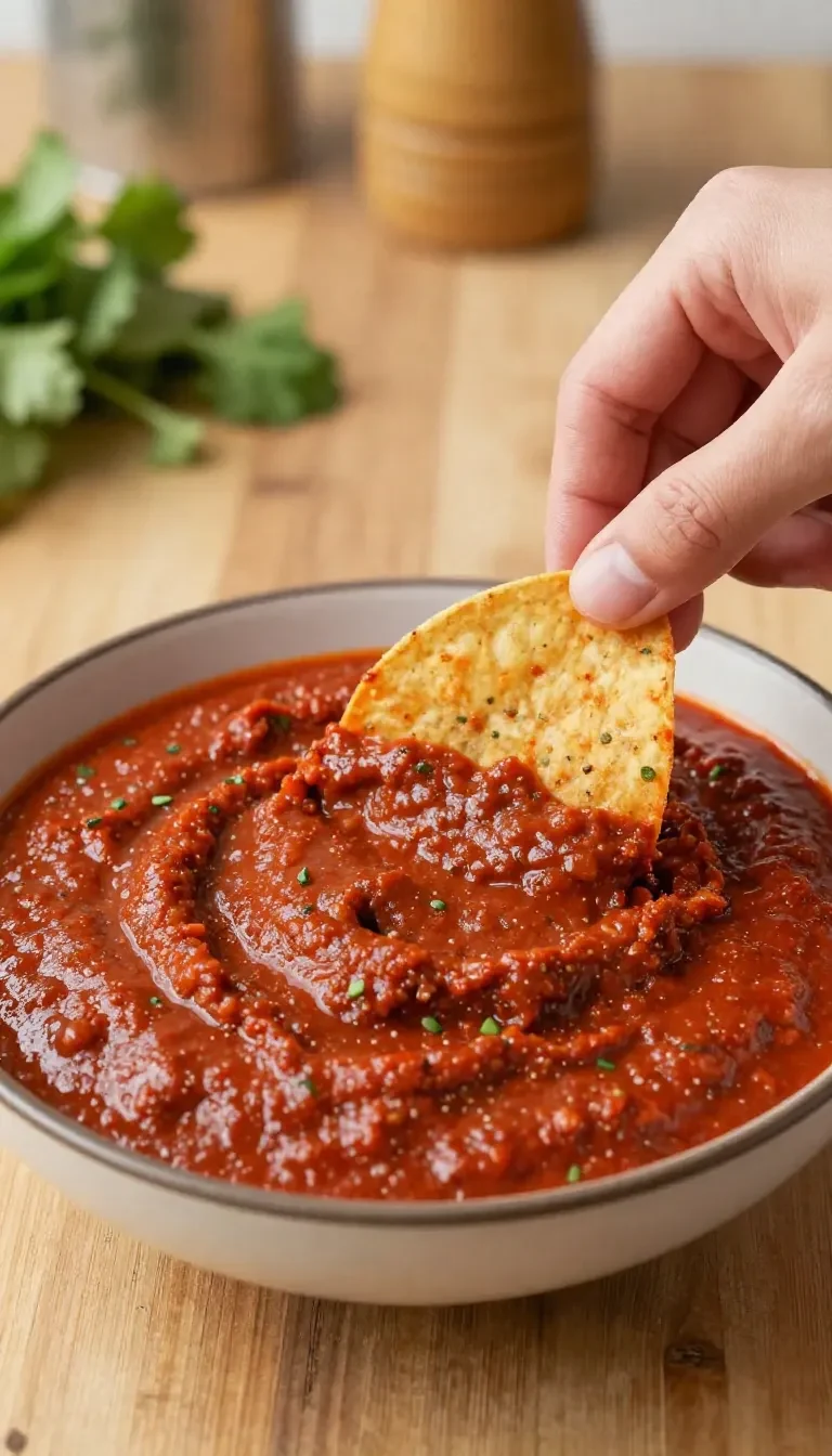 A bowl of fresh roasted salsa with tomatoes, peppers, onions, and cilantro on a rustic table